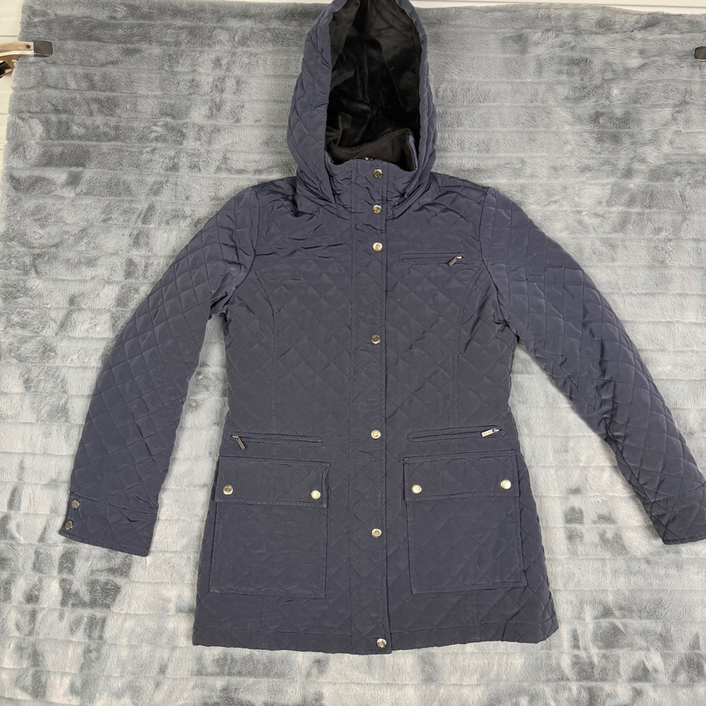 Calvin Klein Womens Navy Blue Diamond Quilted Hooded Parka Jacket Coat RN54163